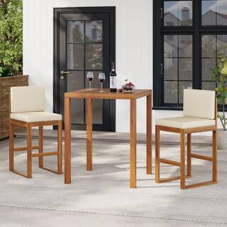 Jenny Patio Teak Finish 3-Piece Solid Wood Square Counter Height Outdoor Bistro Set with Beige Cushions | The Home Depot