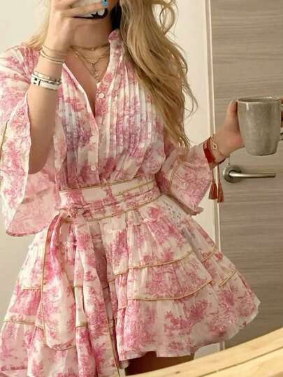 Cévolie Women's Fashion Casual Elegant Romantic Vacation Printed Button Dress | SHEIN EUR | SHEIN