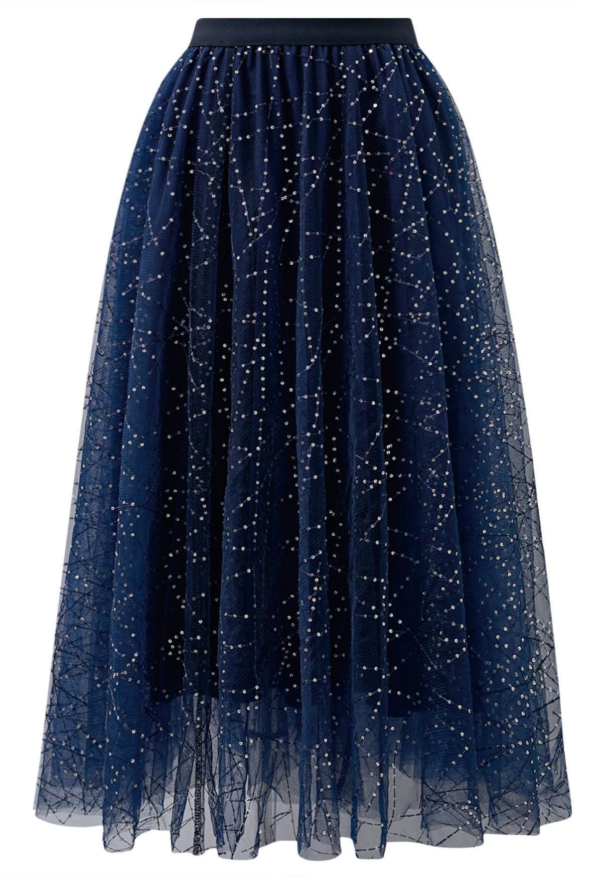 Sequined Embroidery Double-Layered Mesh Tulle Midi Skirt in Navy | Chicwish