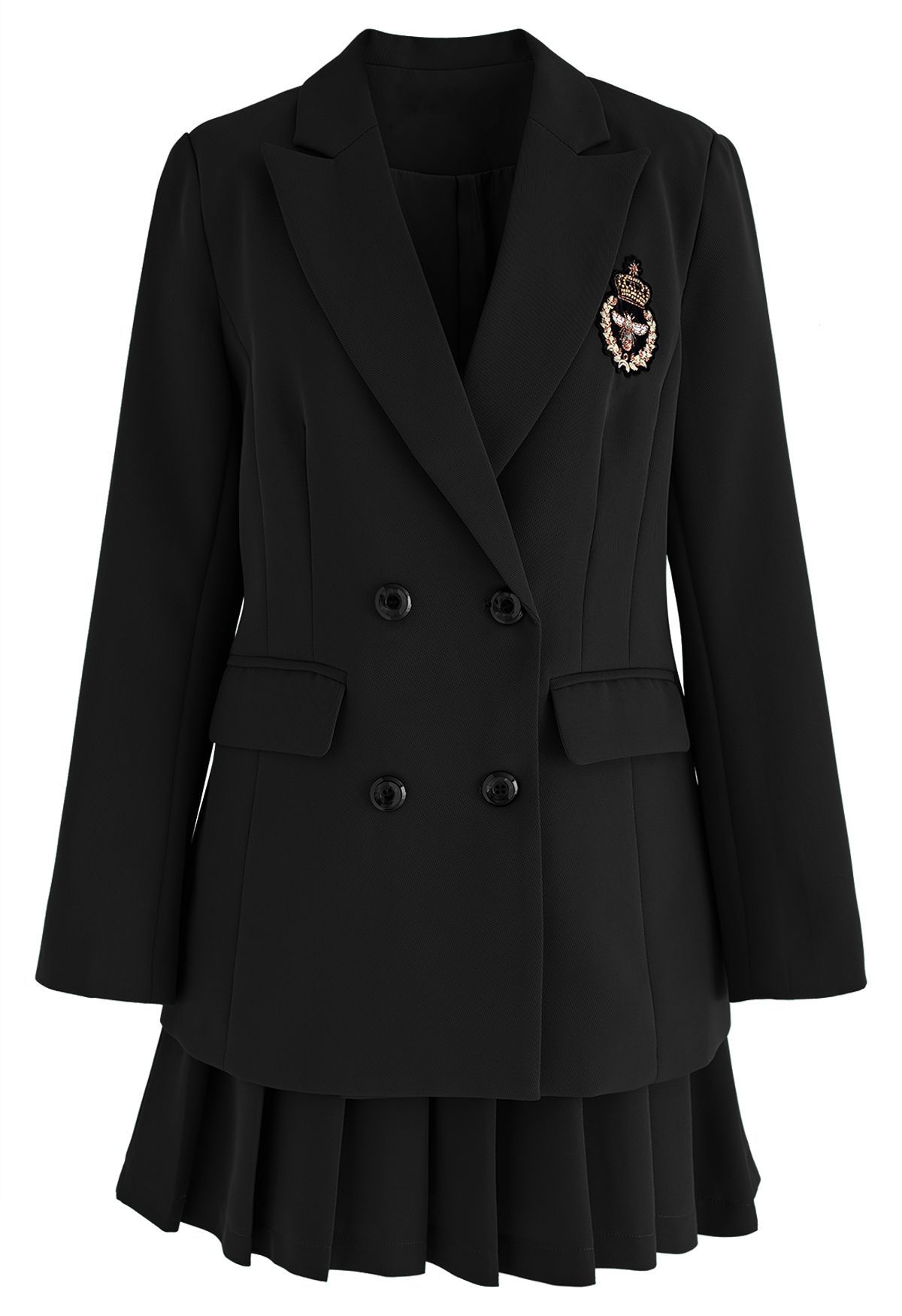 Bee Badge Solid Color Blazer and Skirt Set in Black | Chicwish