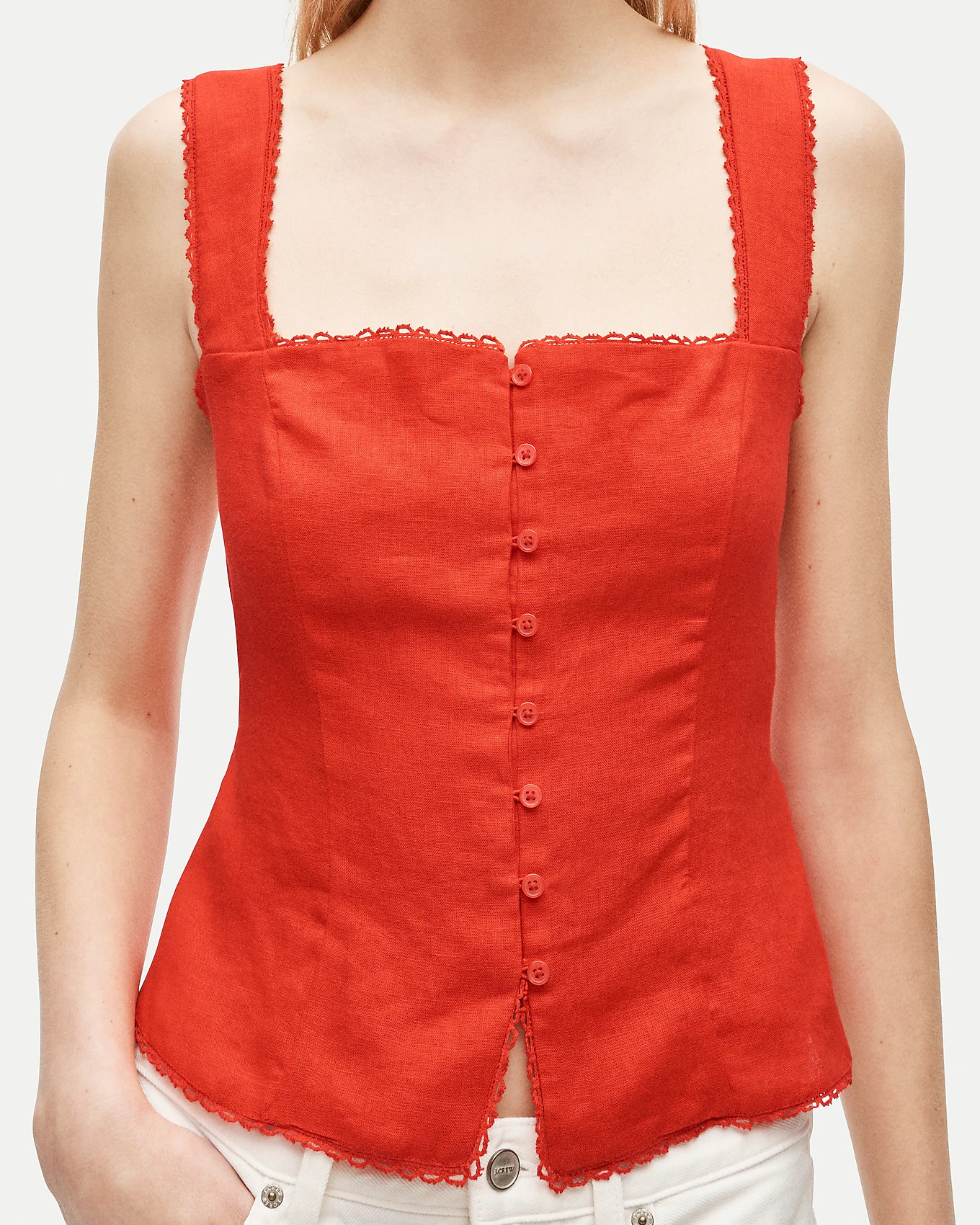 Lace-trim button-up tank top in linen | J. Crew US