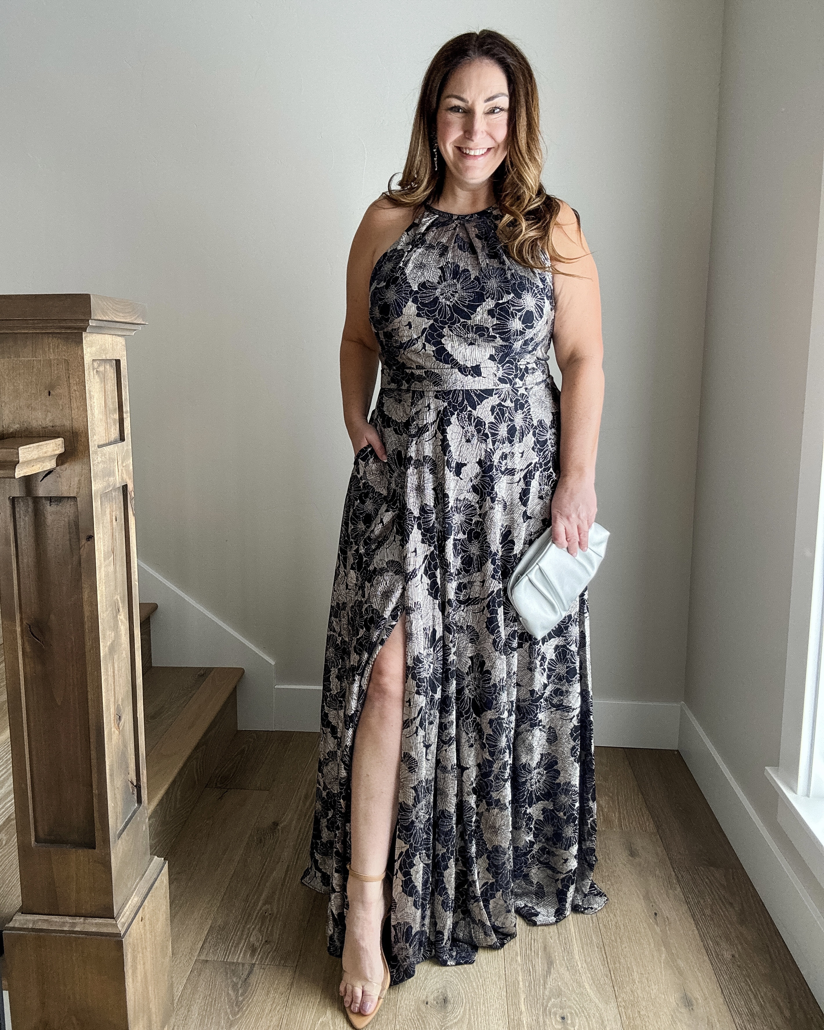 Long metallic navy formal dress with packets and slit!  Runs a little long  at 5’5 runs small wearing 14.

#LTKParties #LTKWedding #LTKOver40