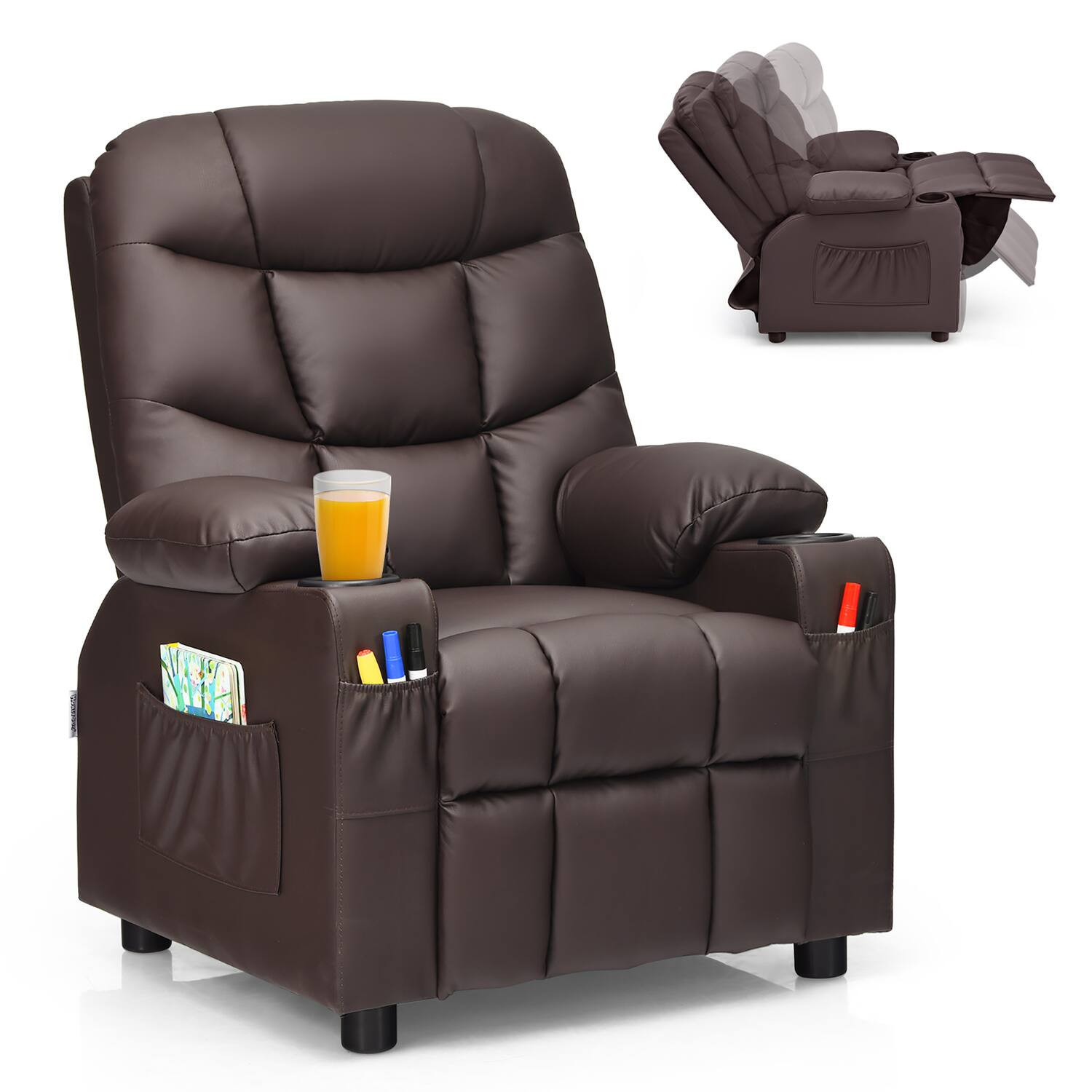 Costway - Kids Youth Recliner Chair PU Leather w/Cup Holders & Side Pockets - Brown | Best Buy U.S.