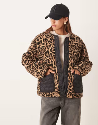 ASOS DESIGN leopard teddy jacket with quilted nylon detail in black | ASOS (Global)
