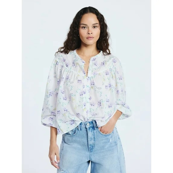 Scoop Women's Flowy Cotton Blouse with Long Sleeves, Sizes XS-XXL | Walmart (US)