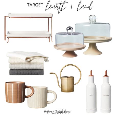 New hearth and hand magnolia at target! Two tier serving tray, cake stand with glass topper, gold watering can, olive oil And vinegar bottle set, striped mug, dish towels, target finds

#LTKhome #LTKFind