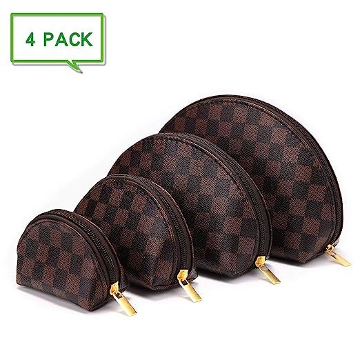 Luxury Checkered Make Up Bag Shell Shape Cosmetic Toiletry Travel Bags including 4 Size Bag (Brown) | Amazon (US)