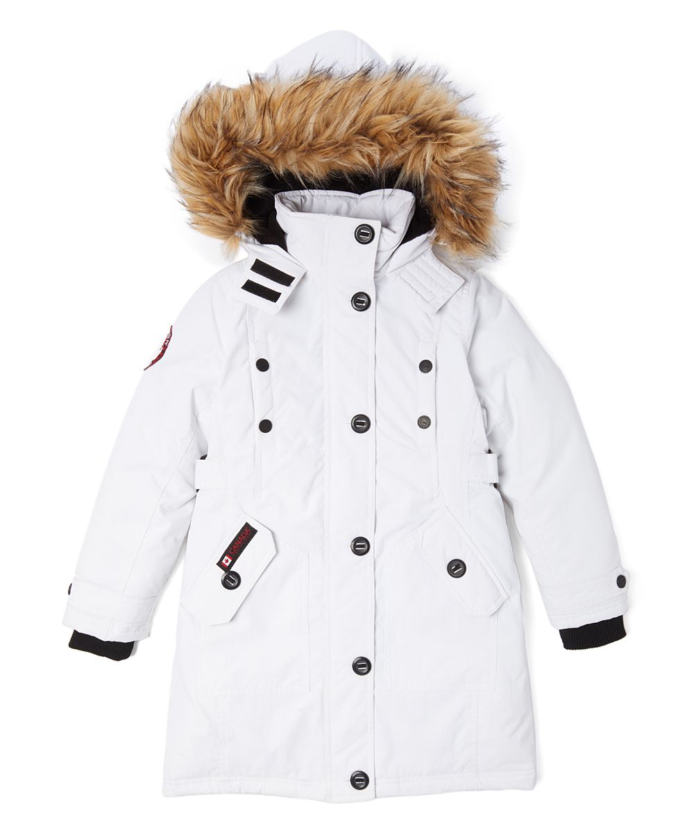 Canada Weather Gear Girls' Puffer Coats WHITE - White Logo Faux Fur-Trim Hooded Snap-Pocket Parka -  | Zulily