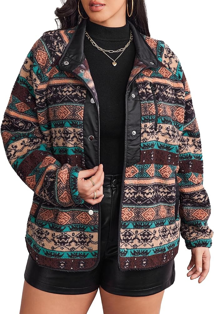 IN'VOLAND Plus Size Womens Fleece Jacket Western Aztec Print Long Sleeve Snap Button Down Shacket... | Amazon (US)