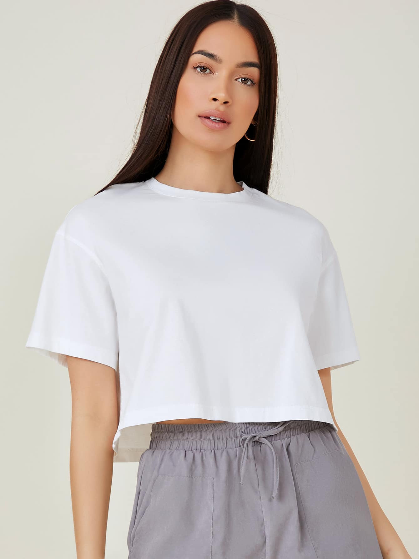 SHEIN BASICS Cotton Drop Shoulder Solid Crop Tee | SHEIN