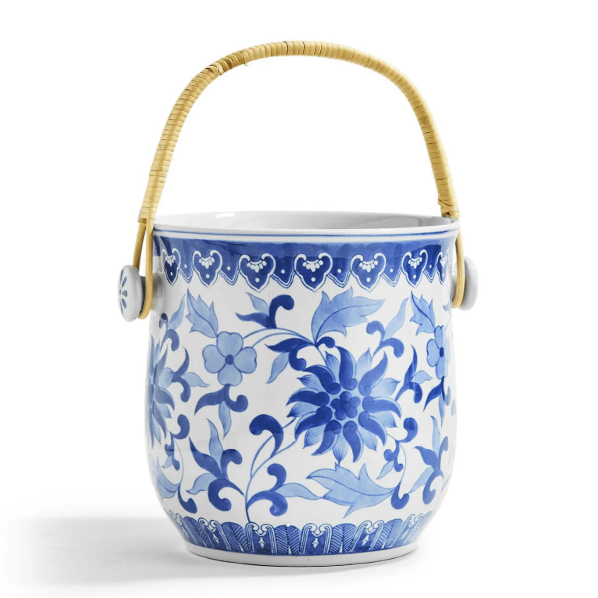 Blue & White Porcelain Floral Bucket with Woven Cane Handle | The Well Appointed House, LLC