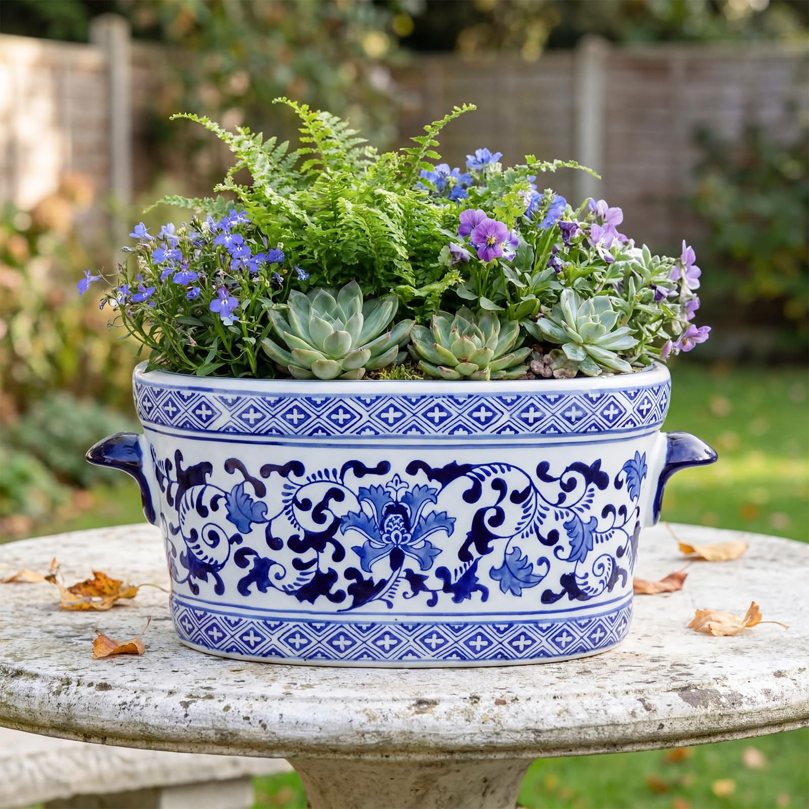 LemonRoad Blue and White Ceramic Planter Pot 14 x 7.7 x 6.1 inches Porcelain Vintage Floral Oval ... | Amazon (US)