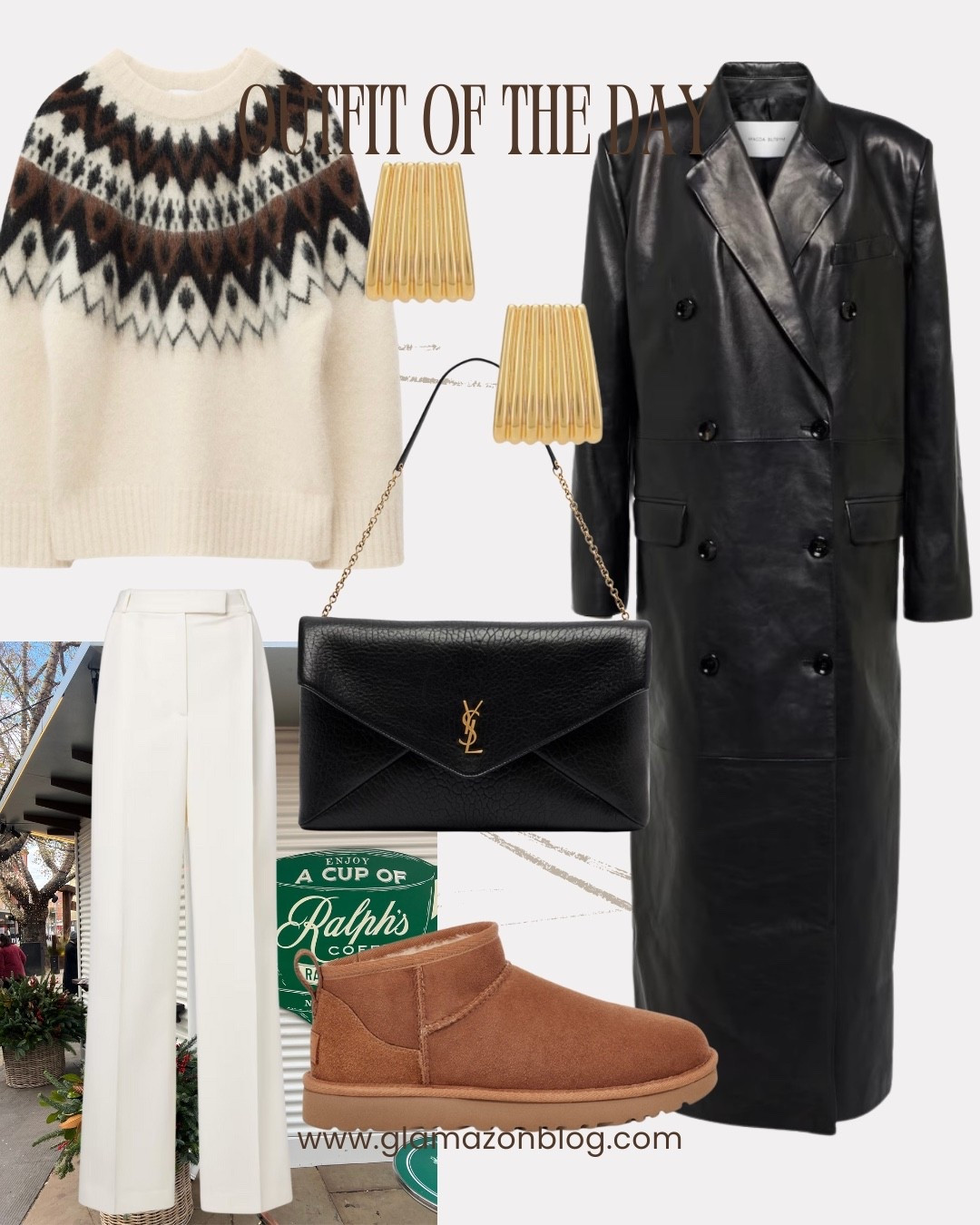 Fairisle jumper, other stories jumper, leather coat, ysl bag, goods, heaven mayhem earrings, white trousers 

#LTKwinter #LTKfestive #LTKuk