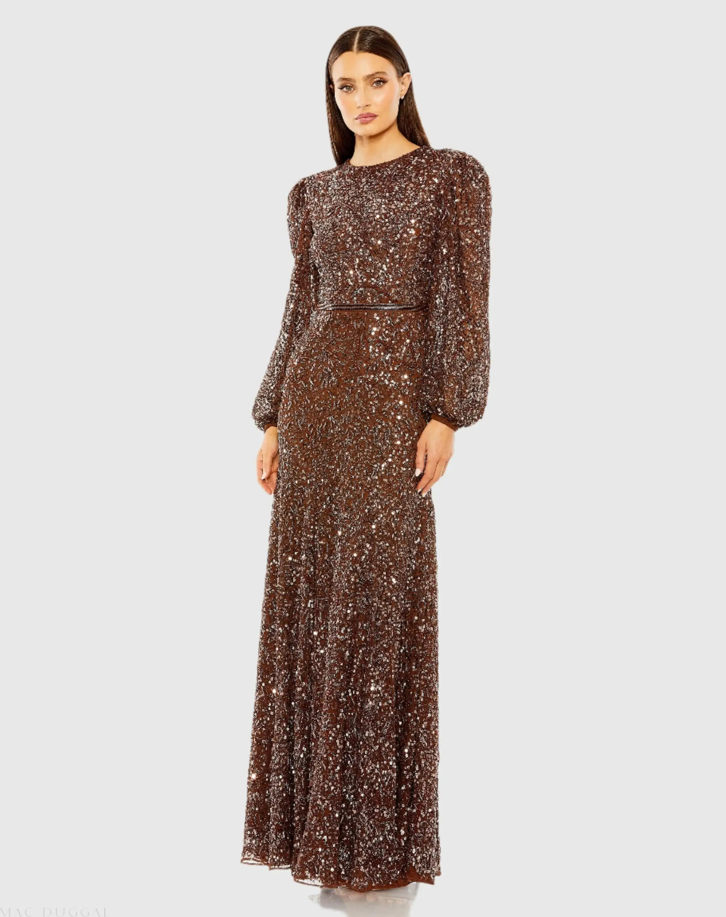 Brown Sheer Long Sleeve Embellished Gown | Mac Duggal | Mac Duggal