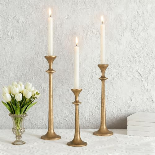 Gold Taper Candle Holders Set of 3 Heavy Cast Iron Antique Brass Candlestick Holder for Table Centerpiece Vintage Decorative Candelabra for Home Decor Fireplace Wedding Holiday Christmas Halloween | Amazon (US)