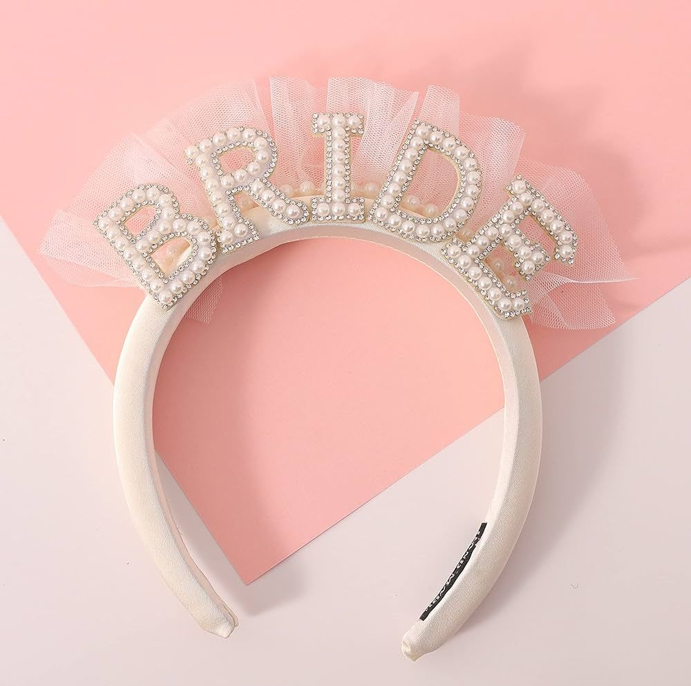 Pearl Veil Bride Headband - Bachelorette Party Decorations, Bride to Be Headband, Flock Deep Sati... | Amazon (US)