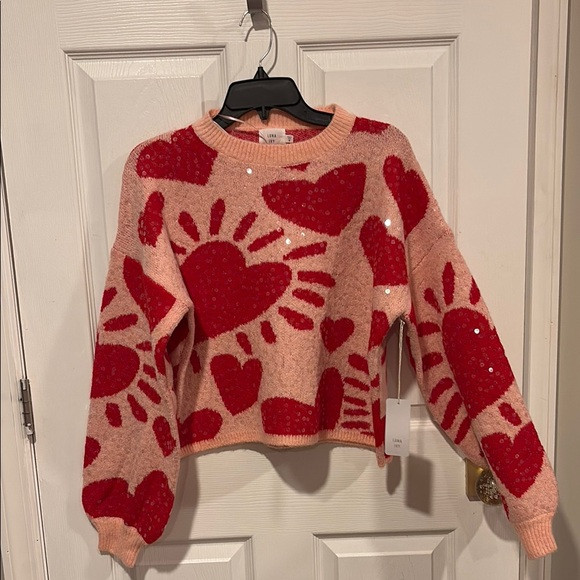 BNWT LUNA IVY Valentine's Day Pink and Red Heart Pattern Sequin Sweater | Poshmark