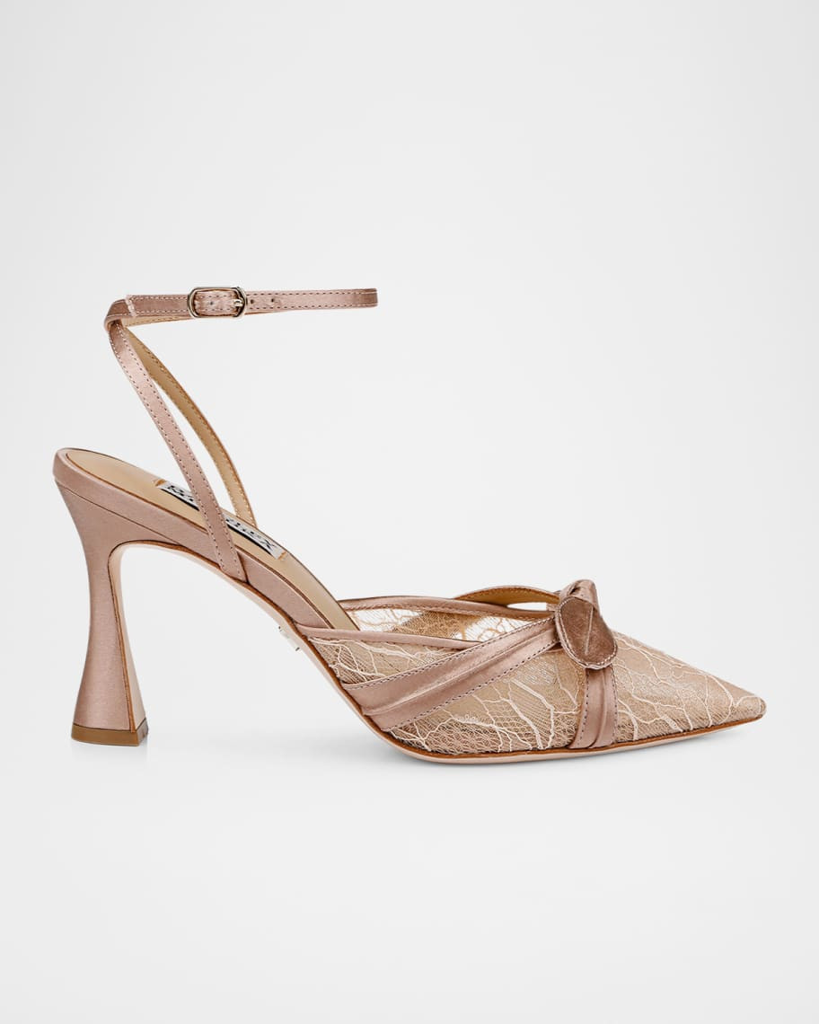 Badgley Mischka Josie Silk Lace Bow Ankle-Strap Pumps | Neiman Marcus