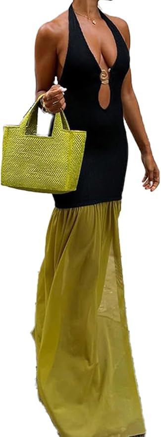 Women's Patchwork Halter Dress Sexy Sleeveless Hollowed Cut Out Mesh Flowy Slit Maxi Sun Dress Pa... | Amazon (US)