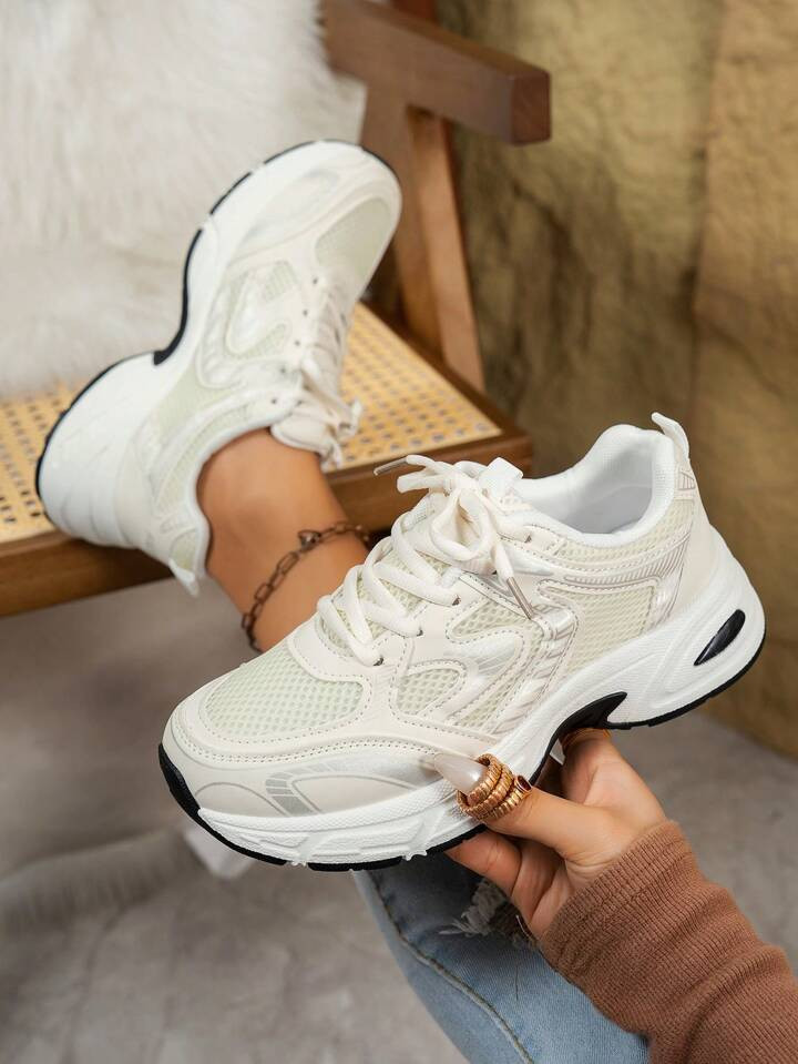 Chunky Platform Soft Leather Chunky Sneakers, Breathable Mesh Casual Running Shoes For Women, 2024 Spring/Summer New Arrival | SHEIN