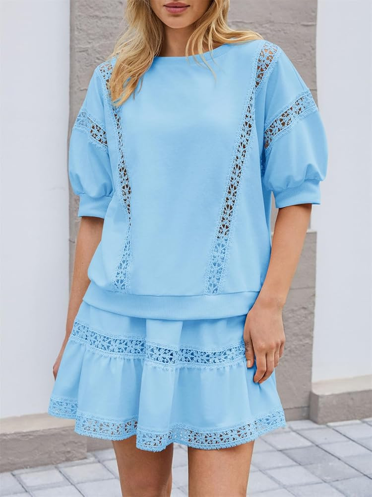 Fisoew 2 Piece Skirt Sets for Women Lace Trim Outfit Short Puff Sleeve Cute Sets Coquette Summer ... | Amazon (US)