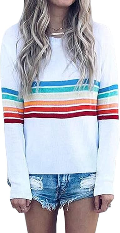 ECOWISH Women's Sweater Rainbow Colorful Striped Sweaters Long Sleeve Crew Neck Color Block Casua... | Amazon (US)