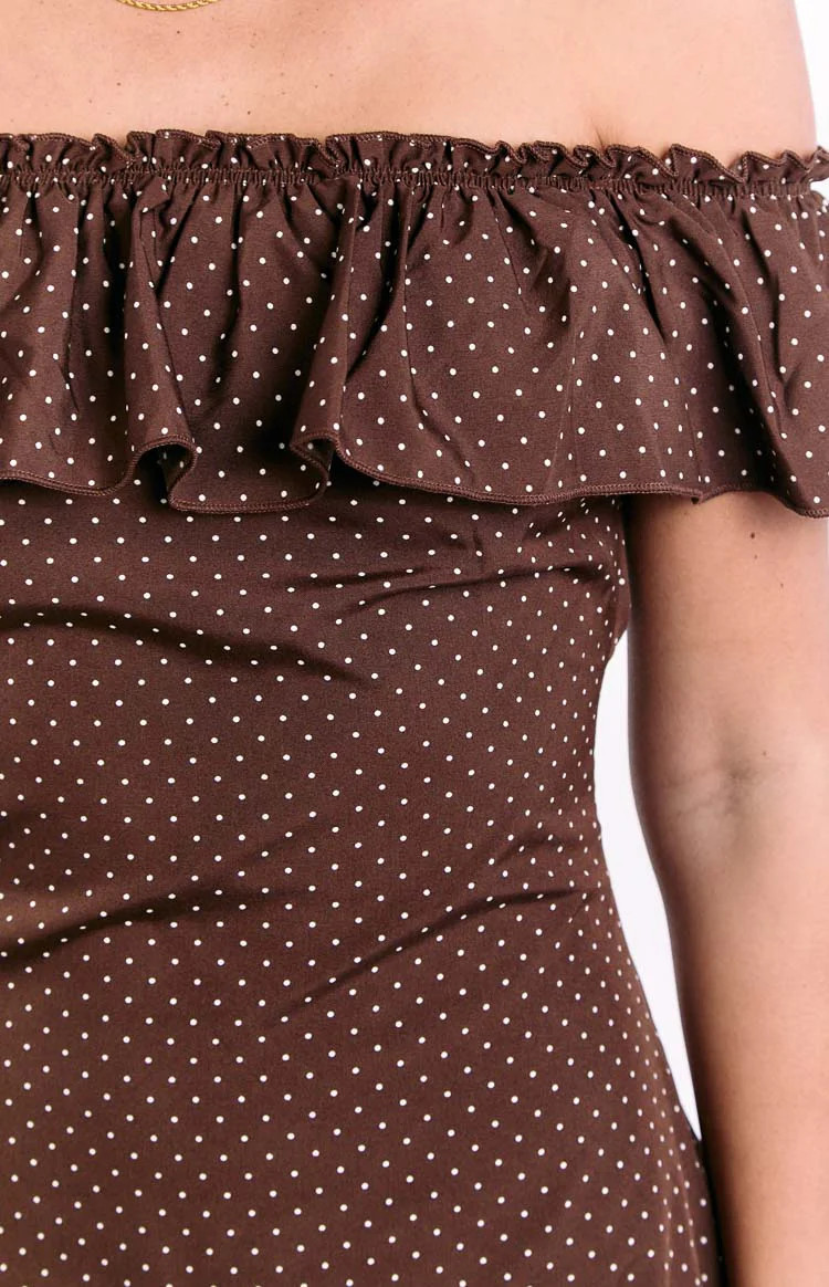 Haylie Brown Polka Dot Off Shoulder Mini Dress | Beginning Boutique (US)