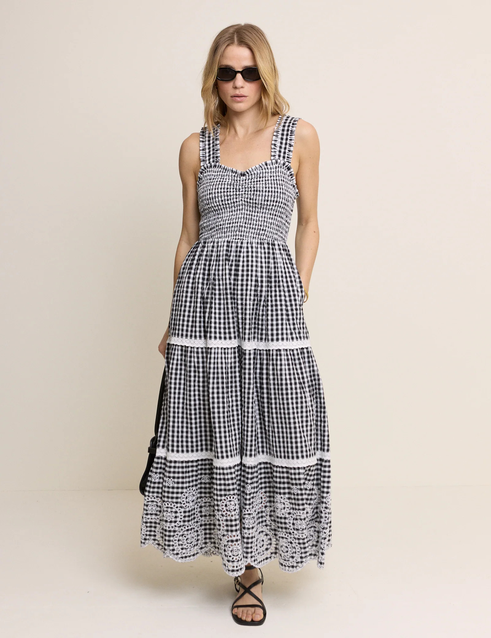 Black Gingham Shirred Tiered Darla Maxi Dress | Nobody's Child
