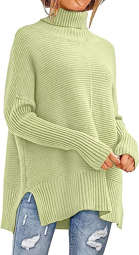 ANRABESS Womens 2022 Fall Sweaters Turtleneck Long Batwing Sleeve Spilt Hem Pullover Knit Sweater... | Amazon (US)