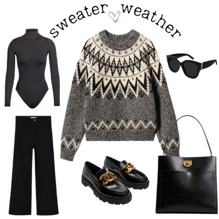 Fair Isle sweater.  Chunky loafers.  Skims.  Mango.  Dior Sunglasses.  Black Tote Bag. 

#LTKstyletip #LTKsalealert #LTKSeasonal