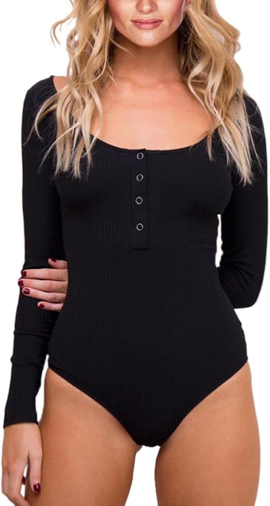 Queen.M Women's Basic Solid Bodysuit Single Breasted Long Sleeve Bodycon Jumpsuit Stretchy Romper Le | Amazon (US)