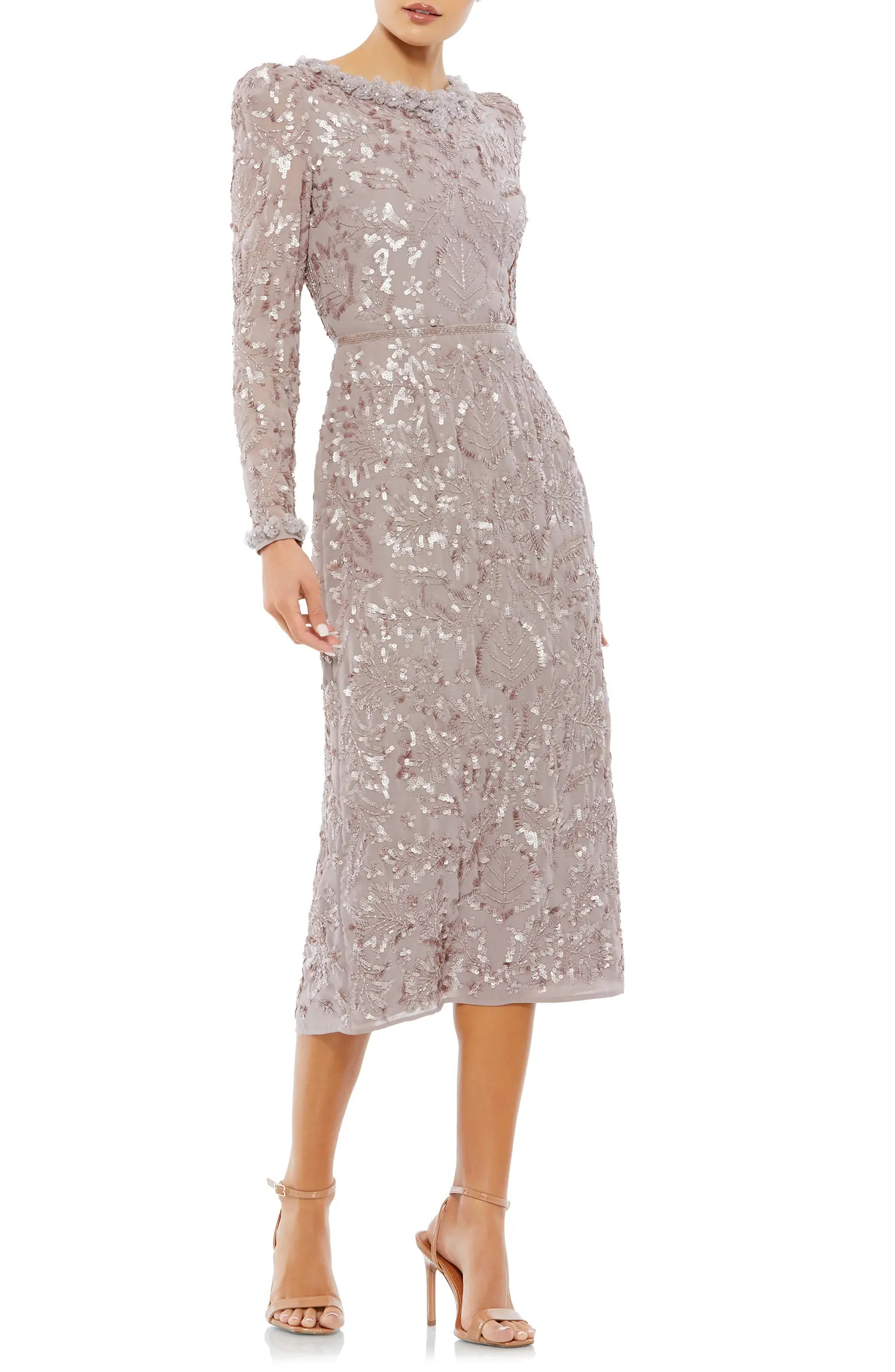 Ruffle Neck Long Sleeve Sequin Midi Dress | Nordstrom