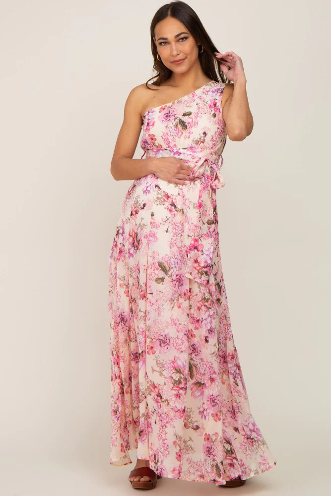 Fuchsia Floral Chiffon One Shoulder Maternity Maxi Dress | PinkBlush Maternity