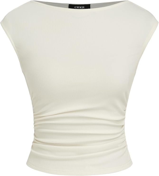 CIDER Women's Ruched Tank Top Boat Neck Sleeveless Top Knit Slim Fit Tank Top | Amazon (US)