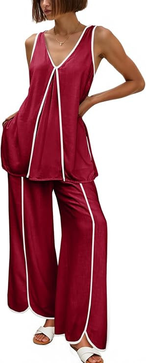 Cicy Bell Womens Summer Lounge Sets V Neck Sleeveless Tunic Tops Pajamas Sets Comfy Loungwear Wid... | Amazon (US)
