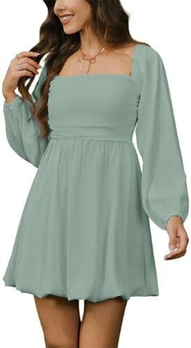 HYPERFIRE Women's Square Neck Pleated Long Sleeve Mini Dress Smocked A Lind Bubble Wedding Dresse... | Amazon (US)