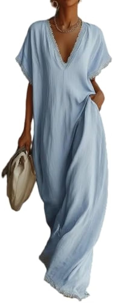 Women\u2019s Cotton Linen Maxi Dress Lace Trim V Neck Short Sleeve Loose Fit Casual Boho Dresses | Amazon (US)
