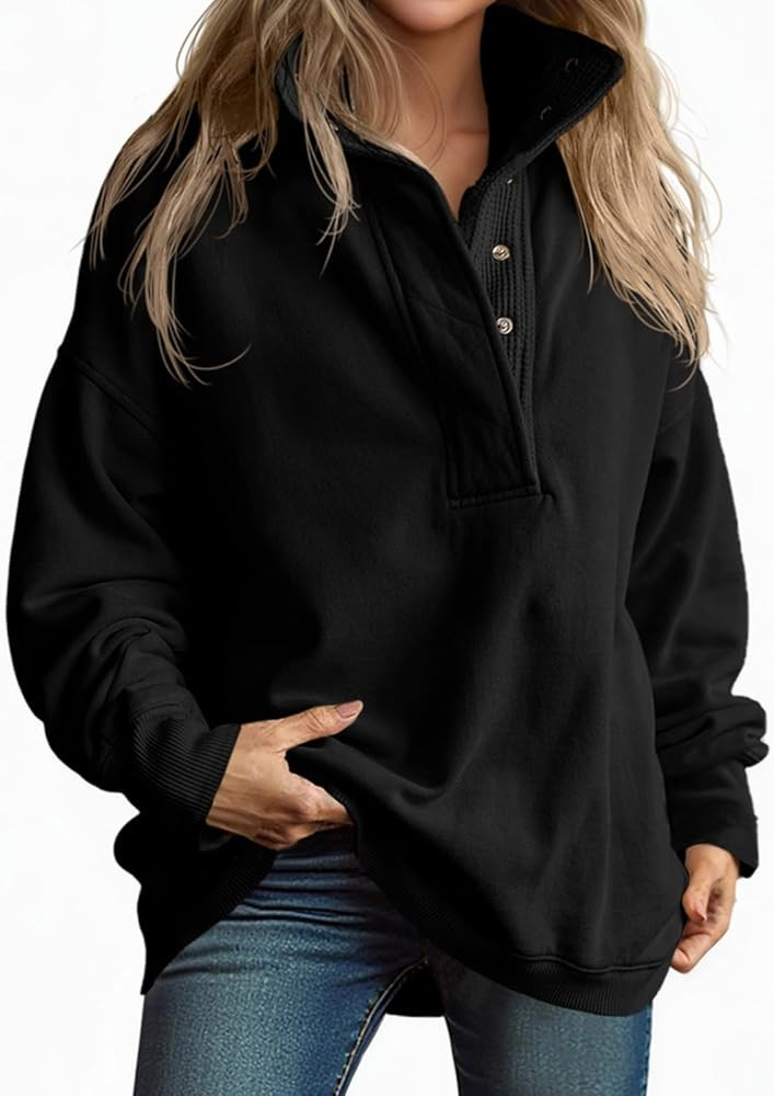 Fisoew Womens Oversized Sweatshirt Casual Snap Stand Collar Long Sleeve Pullover Tops Fall Travel... | Amazon (US)
