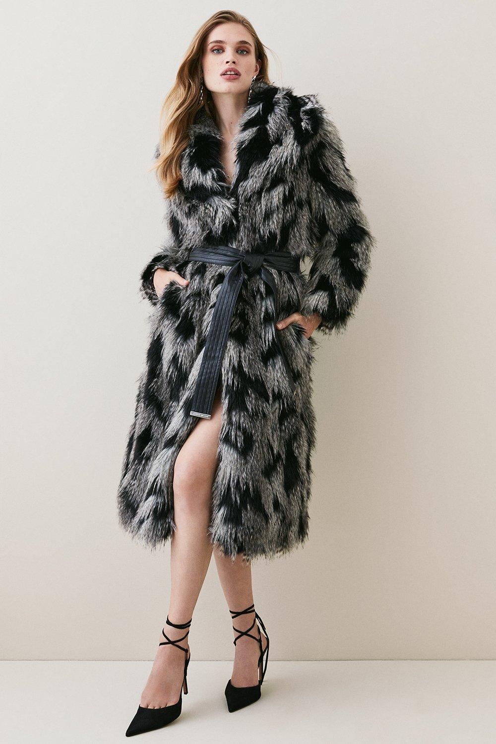 Shawl Collar Patched Pile Faux Fur Long Coat | Karen Millen US