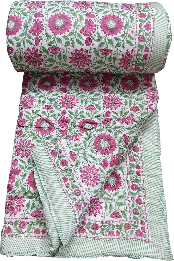 NANNUDECO Indina Handmade Quilts Floral Print Bedspread Razai Cotton Blanket Hand Block Design (Q... | Amazon (US)