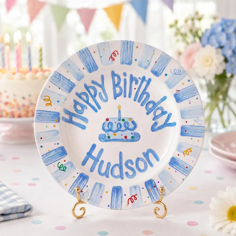 Personalized Birthday Plate: Hand Painted Ceramic Plate with Blue Cake & Birthday Candles, Custom... | Etsy (Global)