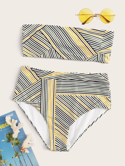 Striped Bandeau With High Waist Bikini Set | SHEIN