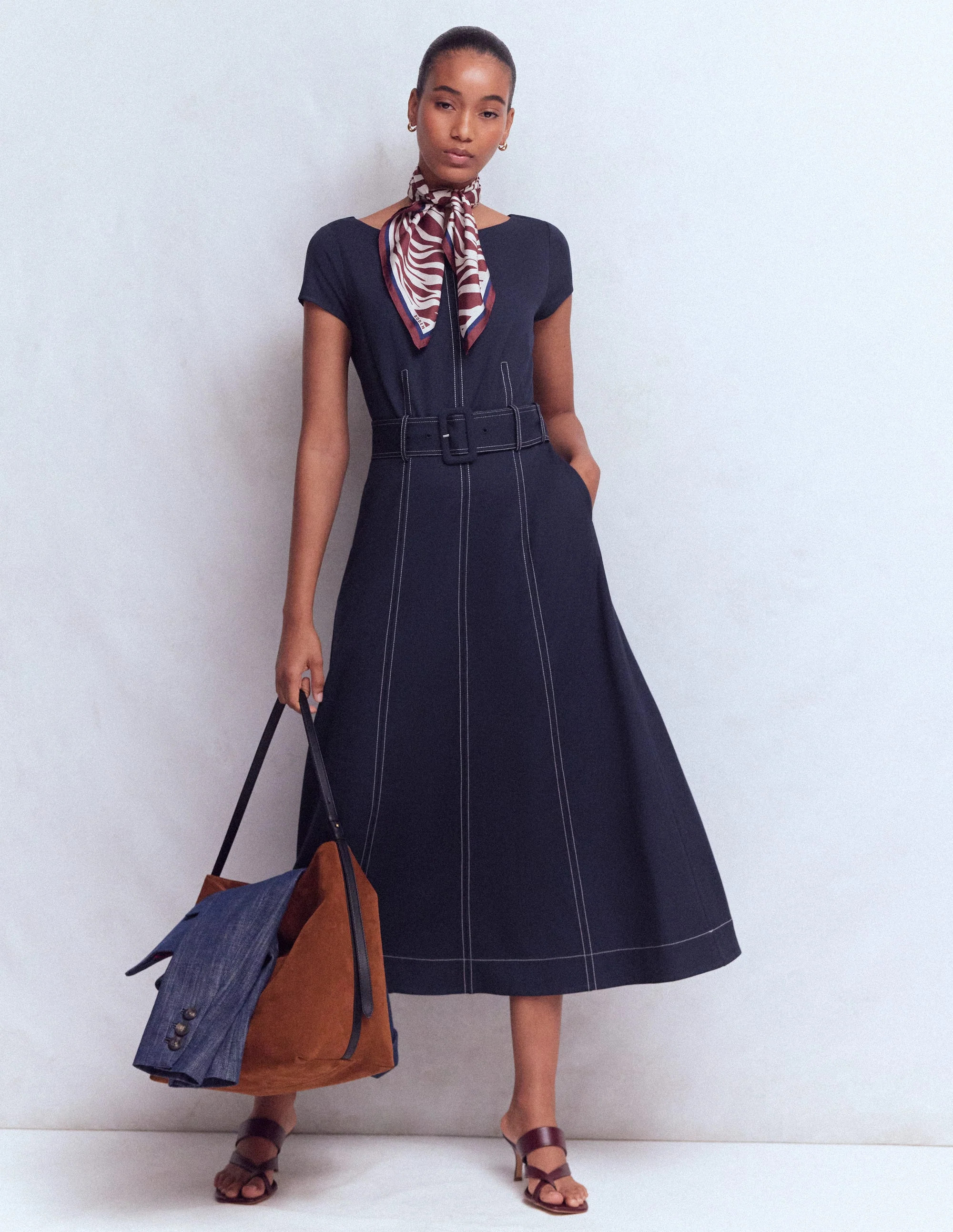 Topstitch Ponte Midi Dress-Navy | Shop.com