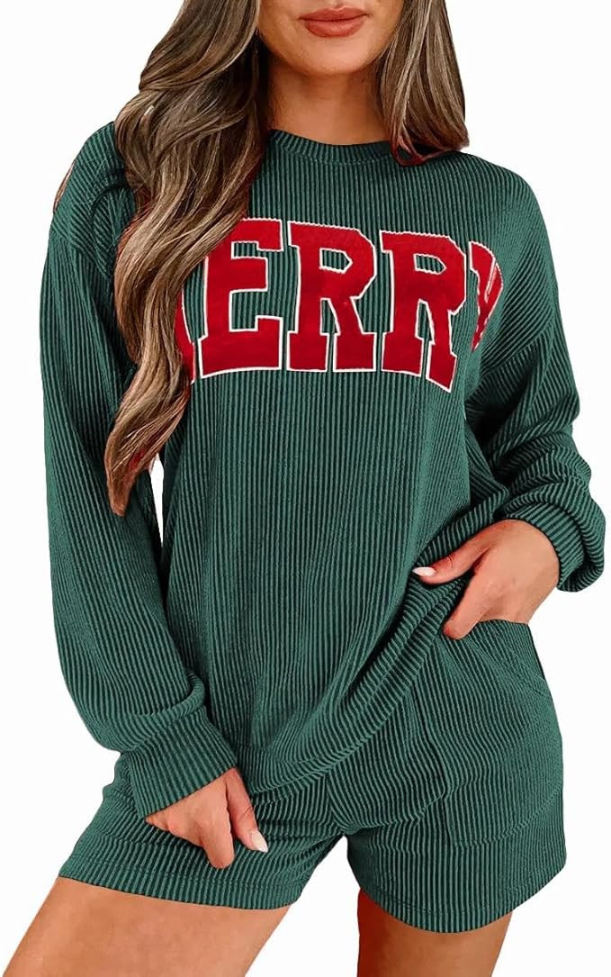 Womens Ribbed Pajama Sets Long Sleeve Top and Shorts Matching Lounge Set Loungewear Sweatsuit wit... | Amazon (US)