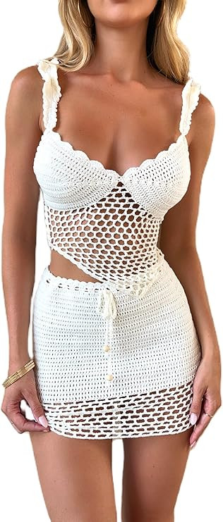 Women Y2k Crochet Knitted Two Piece Outfits Hollow Out Cami Top and High Waist Mini Skirt Beach W... | Amazon (US)