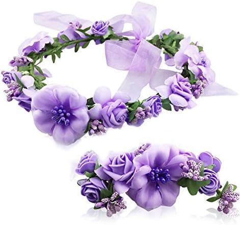 Flower Crown Headband Garland Wrist Band Wedding Hair Wreath Women Girl Purple | Amazon (US)