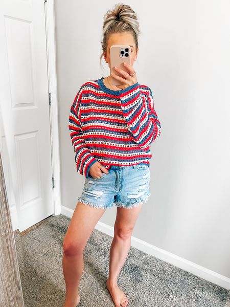 Code: BLONDEBELLE to save ❤️ love this outfit for 4th of July 🇺🇸 wearing a small in both! 
.
.
.
Crochet top, 4th of July top, 4th of July outfit, Fourth of July outfit, denim shorts, summer outfit, spring outfit, casual summer outfit, vacation style, vacation outfit, pink lily 


#LTKunder100 #LTKstyletip #LTKunder50