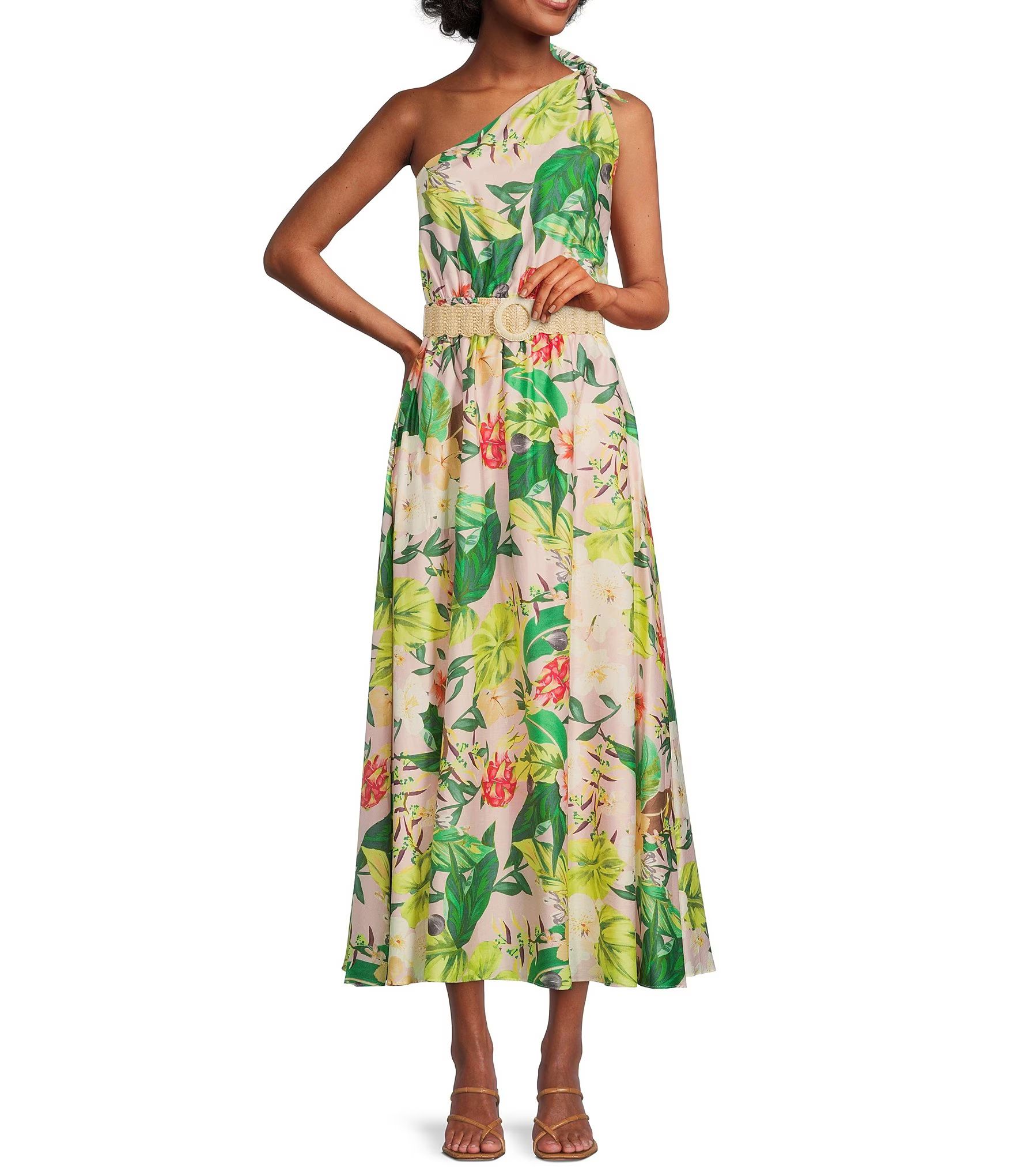 Selene Tropical Print Tie One Shoulder Sleeveless Belted Maxi Dress | Dillard's