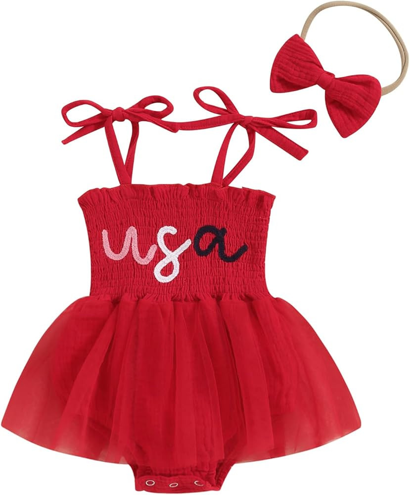 Newborn 4th of July Outfit Girl Baby First Fourth of July Clothes Infant Sleeveless USA Tulle Romper Dress | Amazon (US)