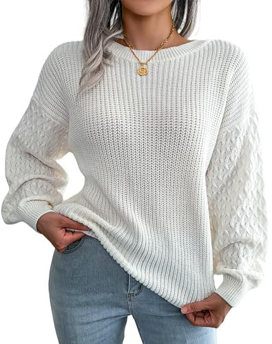 Womens Sweaters Fall - Lightweight Long Sleeve Crewneck Sweater Textured Knit Pullover, Cute Fall Outfits for Women 2025, White, Small | Amazon (US)